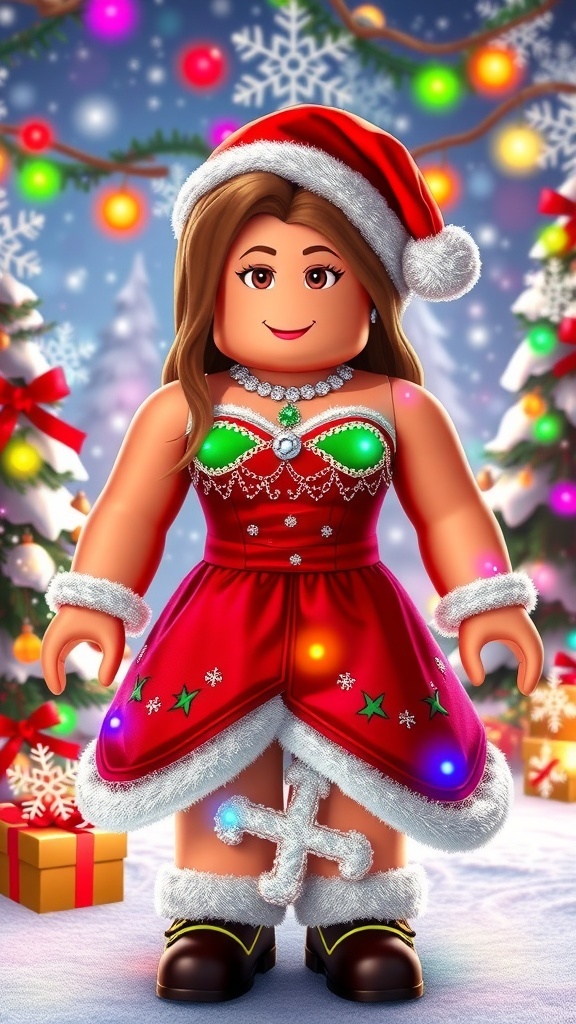 Roblox avatar in a Christmas dress with holiday decorations.